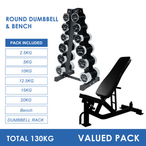 2.5kg to 20kg Chrome Round Dumbbell & Storage Rack & Commercial Bench Bundle (6 pairs - 130kg)