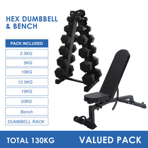2.5kg to 20kg Hex Dumbbell & Storage Rack & Bench Bundle (6 pairs - 130kg)