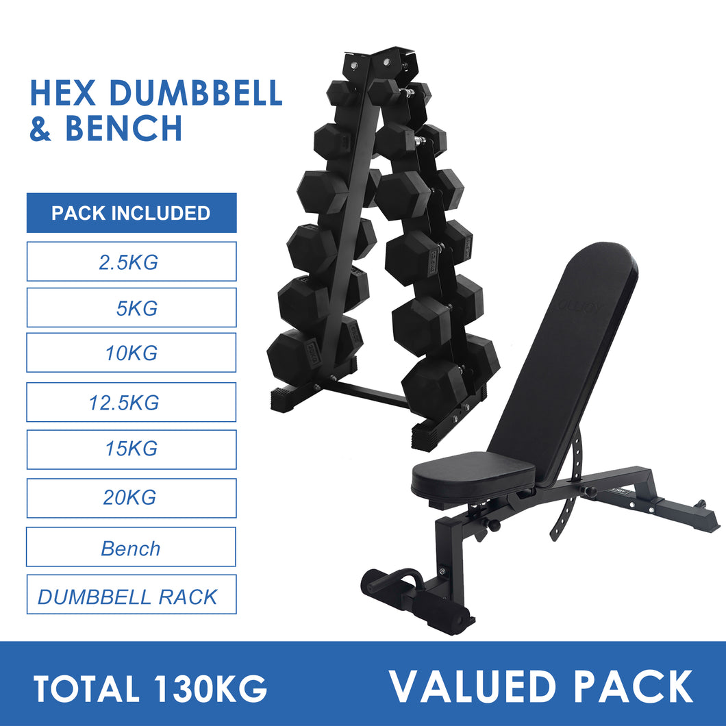 Pre Order 2.5kg to 20kg Hex Dumbbell & Storage Rack & Bench Bundle (6 pairs - 130kg)