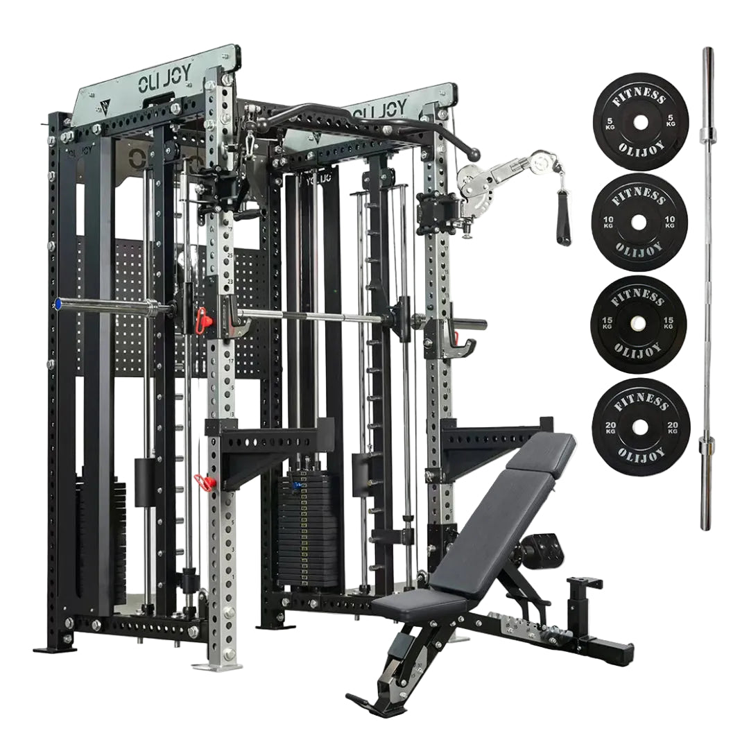 All-in-One Smith Machine with Cable Crossover & Adjustable Bench + 100KG Plates