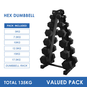 5kg to 17.5kg Hex Dumbbell & Storage Rack Bundle (6 pairs - 135kg)
