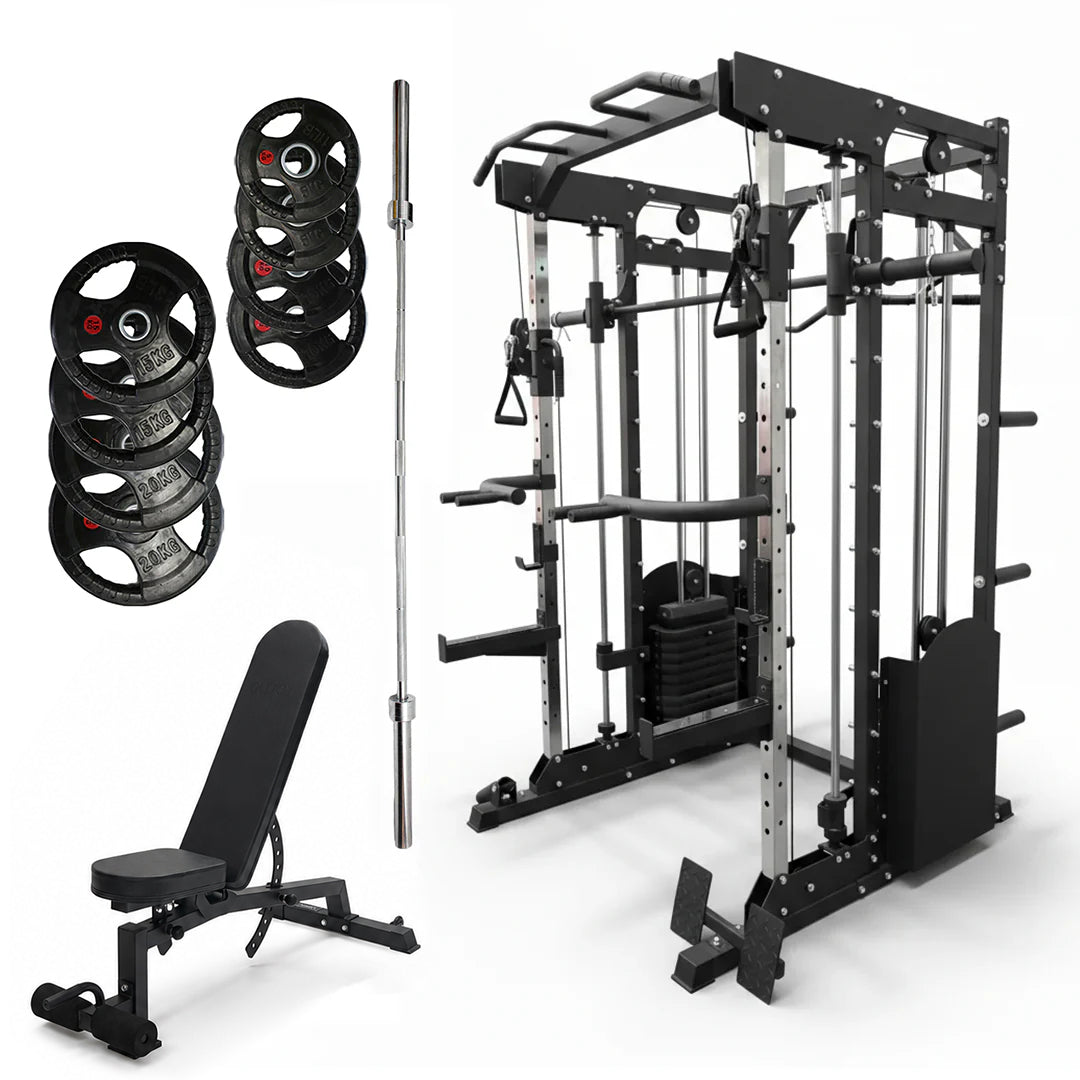 Oli Joy 10-in-1 Smith Machine Power Rack with 300LB Stack, 100KG Rubber Plates,Barbell & Bench Bundle
