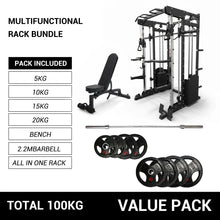 Load image into Gallery viewer, Oli Joy 10-in-1 Smith Machine Power Rack with 300LB Stack, 100KG Rubber Plates,Barbell &amp; Bench Bundle
