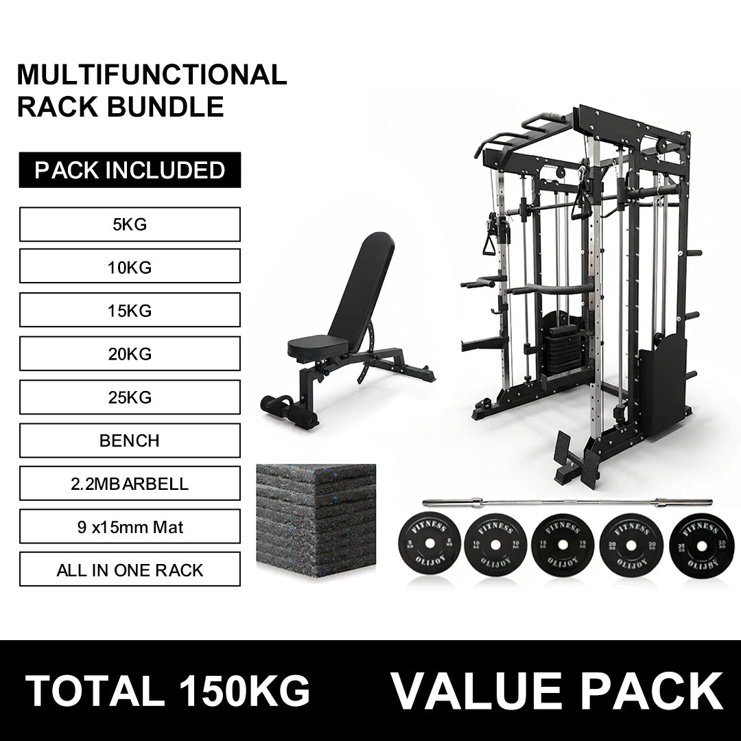 Oli Joy Smith Machine Power Rack with 300LB Stack, 150KG Bumper Plates, Barbell, Floor Mat & Bench Bundle
