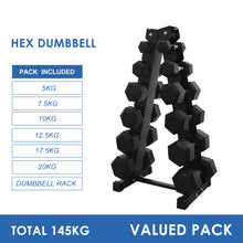 Load image into Gallery viewer, 5kg to 20kg Hex Dumbbell &amp; Storage Rack Bundle (6 pairs - 145kg)
