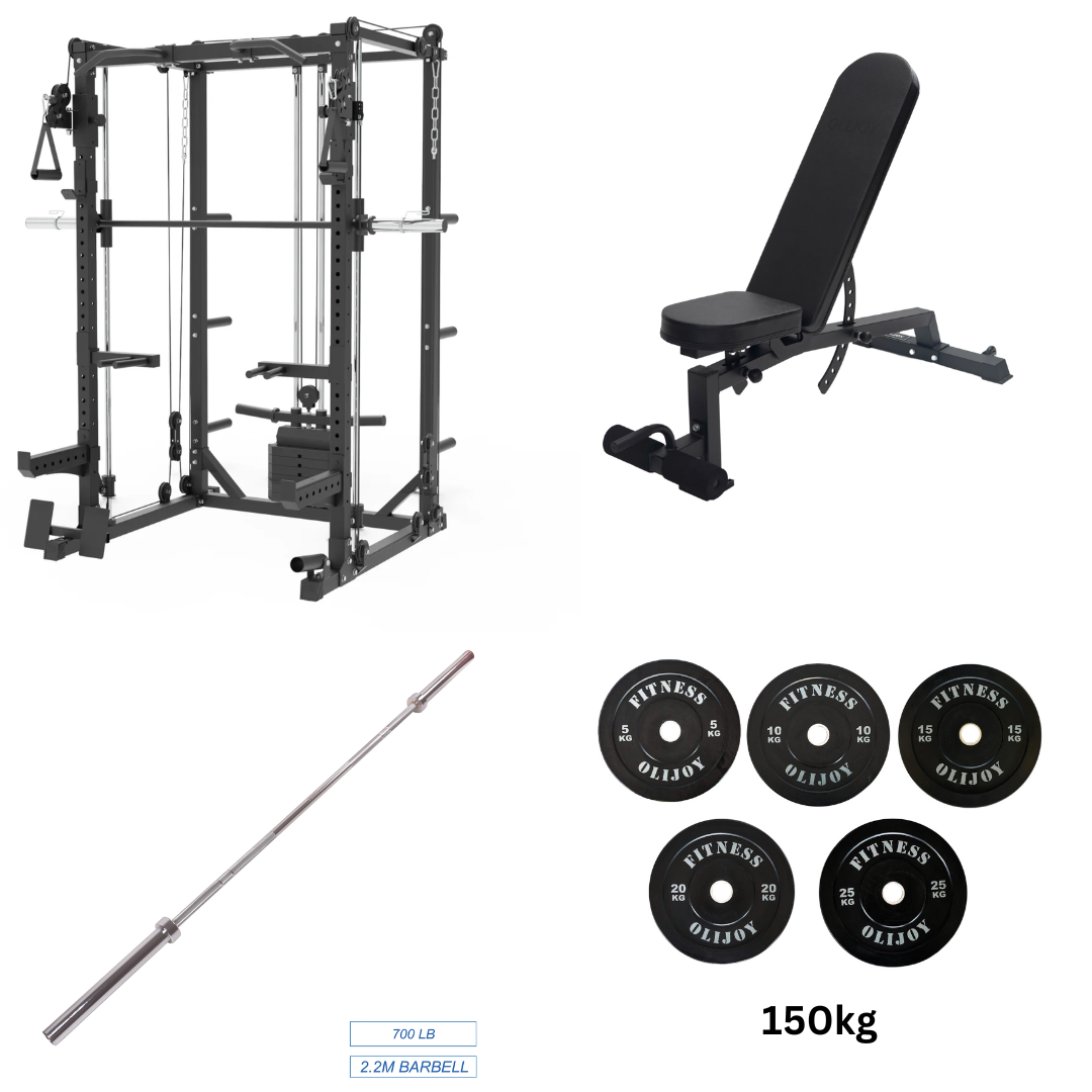 Oli Joy 5383 Elite Strength Bundle – Smith Machine with 150 kg Olympic Plates, Barbell & Bench