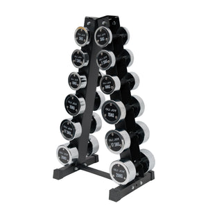 5kg to 20kg Chrome Round Dumbbell & Storage Rack Bundle (6 pairs - 150kg)