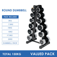 Load image into Gallery viewer, 5kg to 20kg Chrome Round Dumbbell &amp; Storage Rack Bundle (6 pairs - 150kg)
