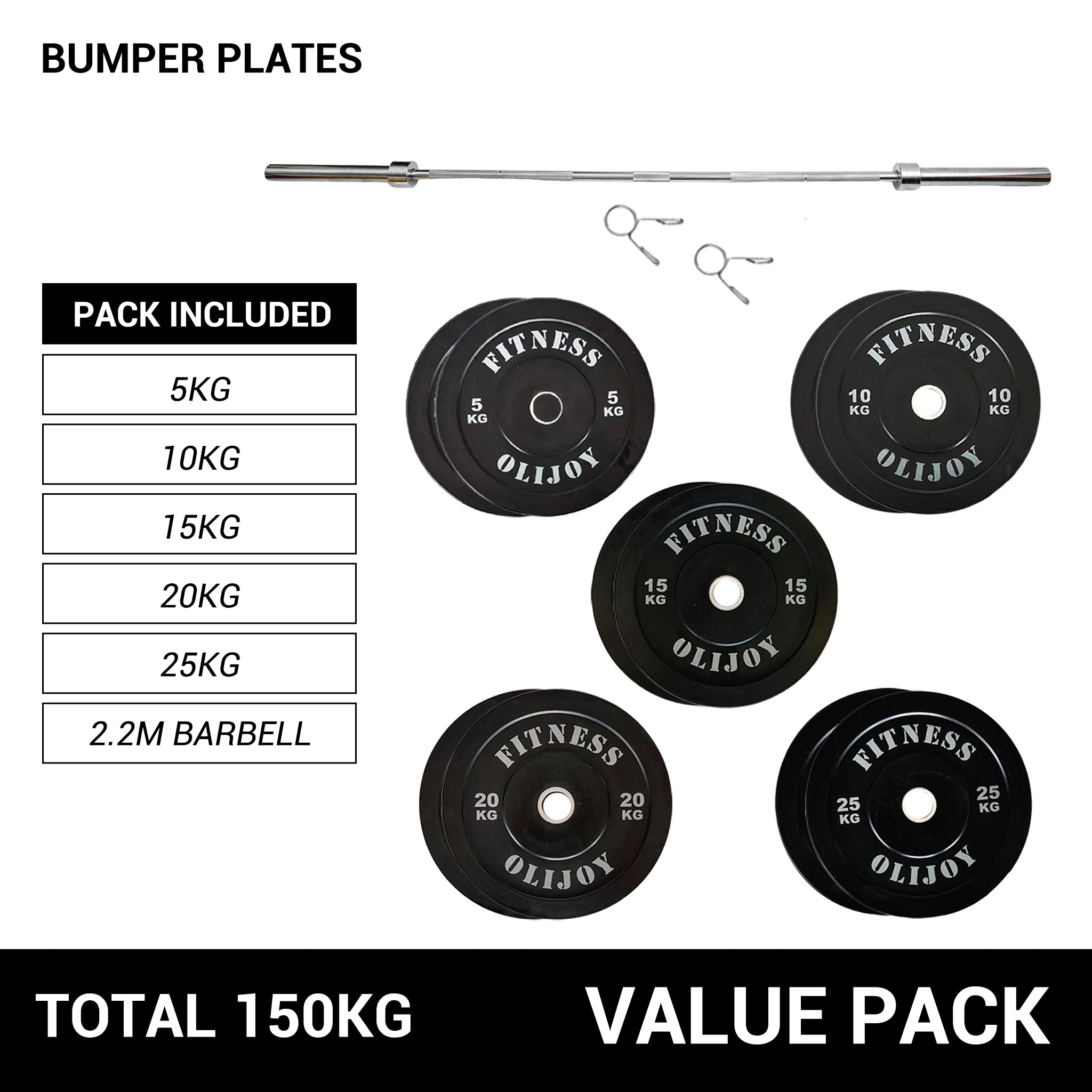 OLI JOY 150KG Black Bumper Plate & Barbell Bundle