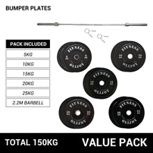 Load image into Gallery viewer, OLI JOY 150KG Black Bumper Plate &amp; Barbell Bundle
