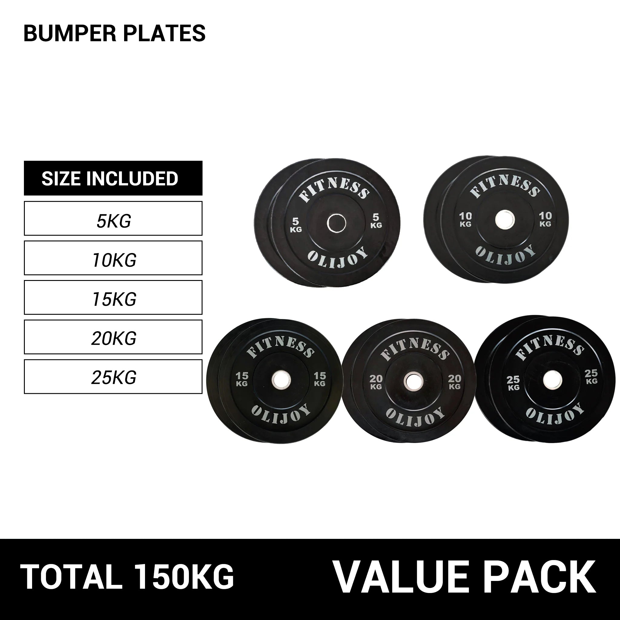 OLI JOY 150KG Black Bumper Plate Bundle (5/10/15/20/25KG)