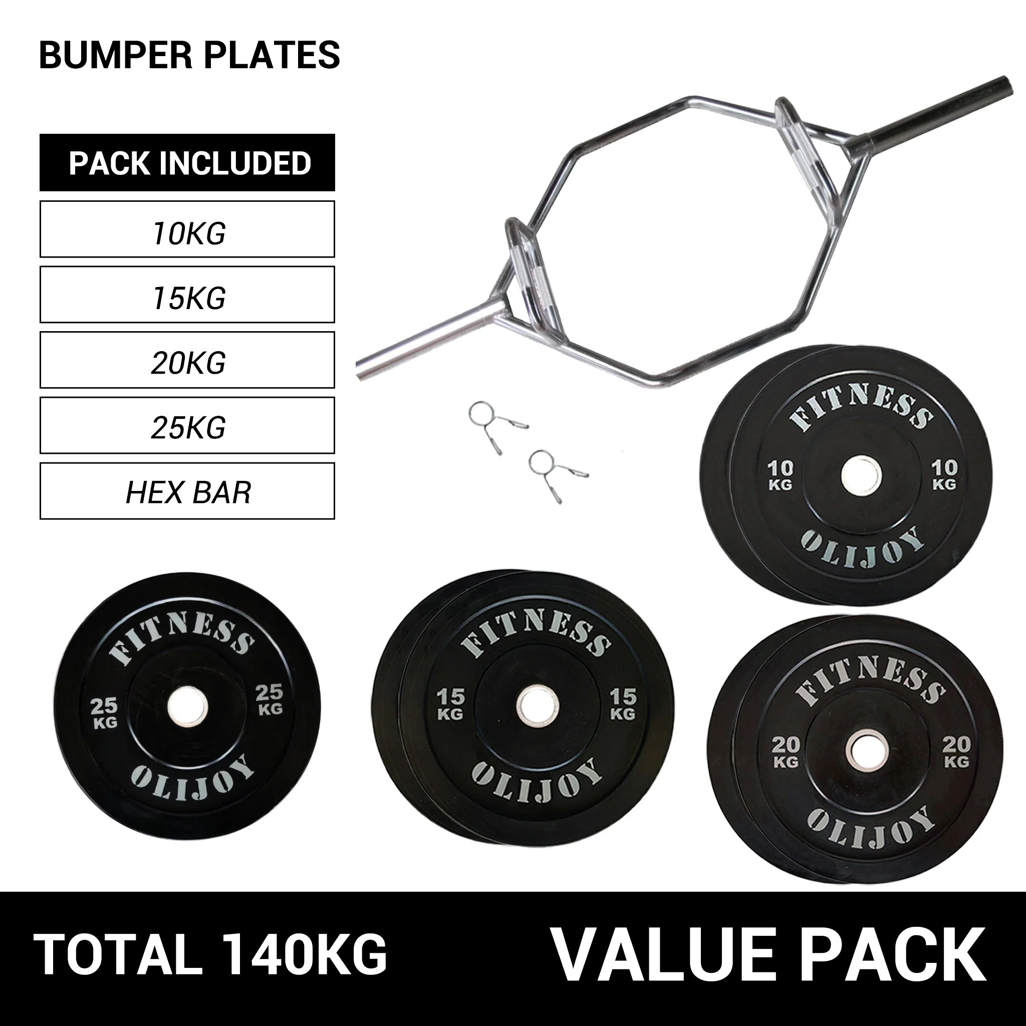 OLI JOY 140KG Black Bumper Plate & Hex Trap Bar Bundle