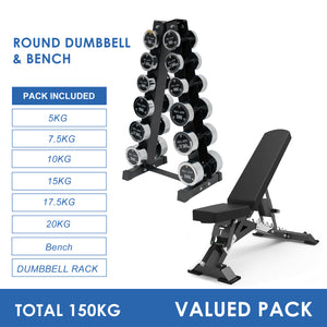 5kg to 20kg Chrome Round Dumbbell & Storage Rack & Premium Bench Bundle (6 pairs - 150kg)