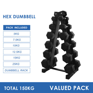 5kg to 25kg Hex Dumbbell & Storage Rack Bundle (6 pairs - 150kg)