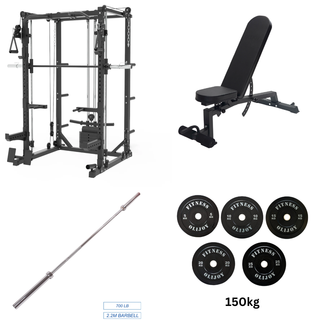 Oli Joy 5383 Elite Strength Bundle – Smith Machine with 150 kg Olympic Bumper Plates, Barbell & Adjustable Bench
