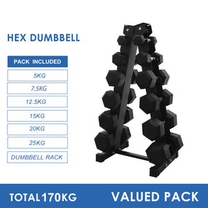 5kg to 25kg Hex Dumbbell & Storage Rack Bundle (6 pairs - 170kg)