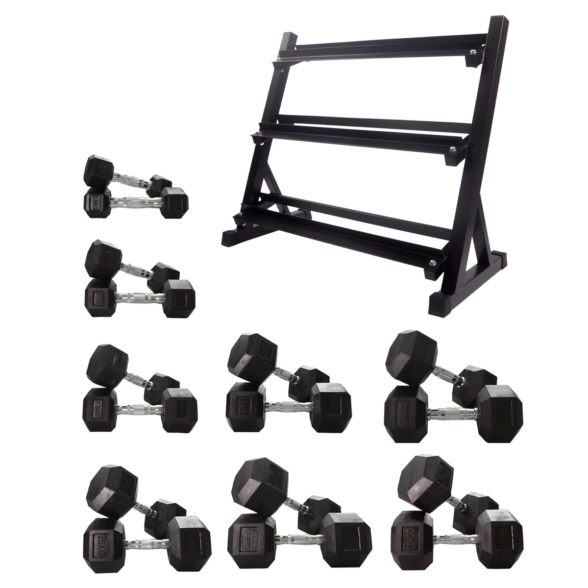 2.5kg to 20kg Hex Dumbbell & Storage Rack Bundle (8 pairs -180kg)