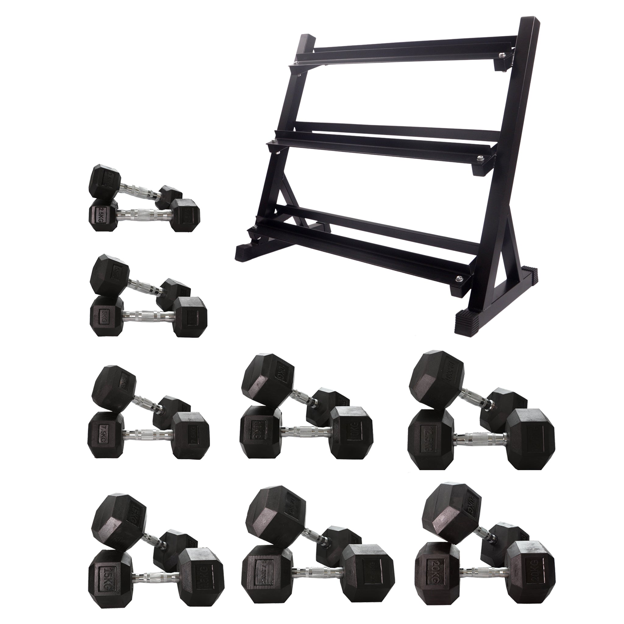 2.5kg to 20kg Hex Dumbbell & Storage Rack Bundle (8 pairs -180kg) - Oli Joy Sports 
