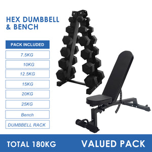 7.5kg to 25kg Hex Dumbbell & Storage Rack & Bench Bundle (6 pairs - 180kg)