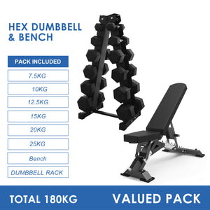7.5kg to 25kg Hex Dumbbell & Storage Rack & Premium Bench Bundle (6 pairs - 180kg)