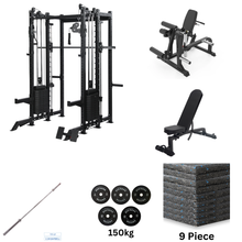 Load image into Gallery viewer, Oli Joy 8019 Ultimate Strength Bundle – All-in-One Smith Machine with 140 kg Cable Stacks, 150 kg Olympic Bumper Plates, Barbell, Adjustable Bench, Leg Machine &amp; Gym Mat
