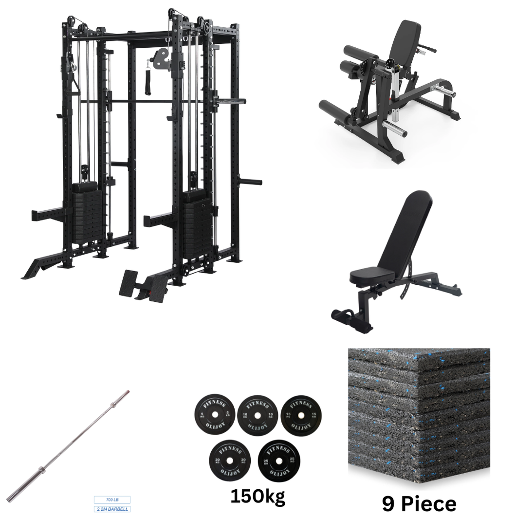 Oli Joy 8019 Ultimate Strength Bundle – All-in-One Smith Machine with 140 kg Cable Stacks, 150 kg Olympic Bumper Plates, Barbell, Adjustable Bench, Leg Machine & Gym Mat