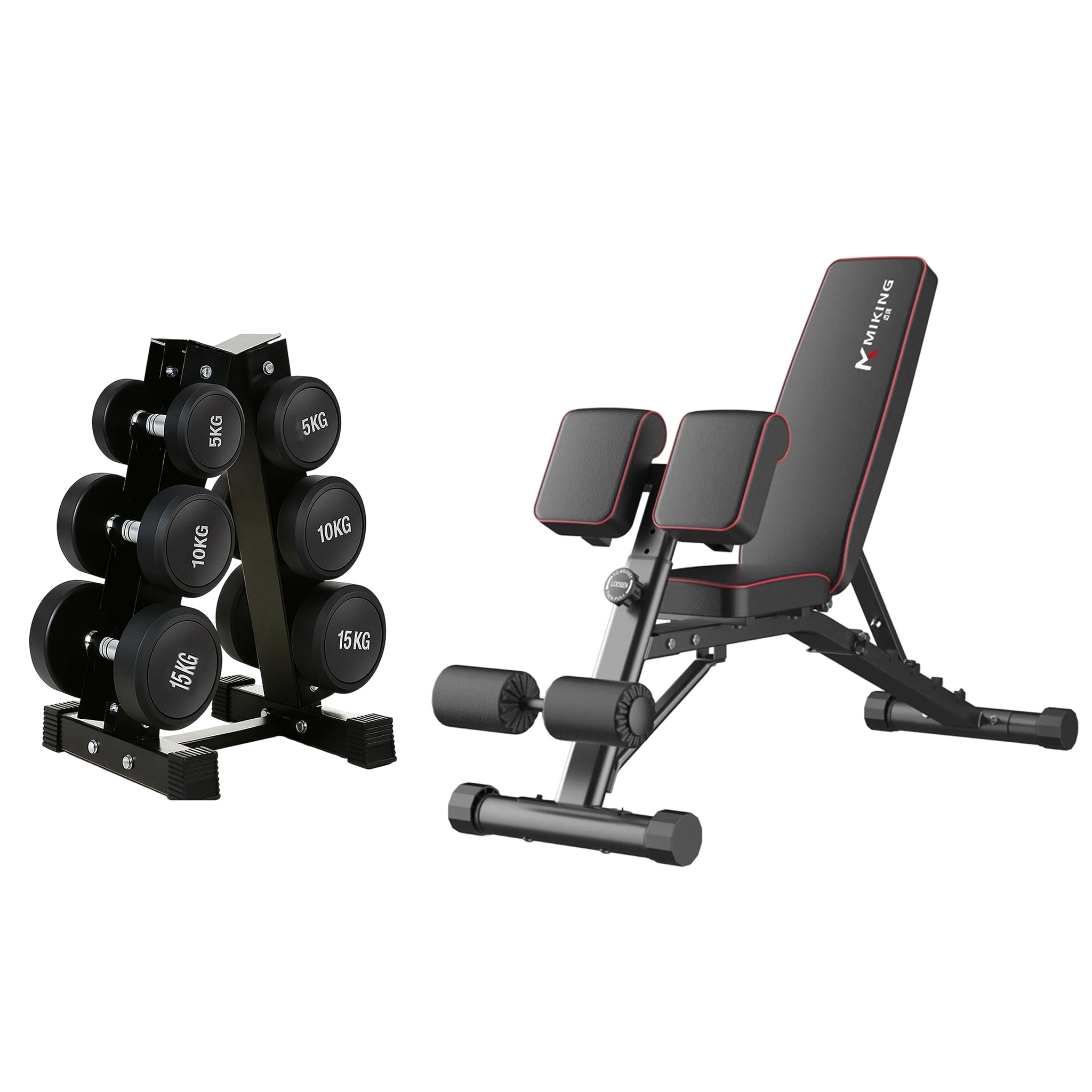 5kg to 15kg (3 pairs - 60kg) round Dumbbell & Storage Rack & Adjustable Bench Bundle