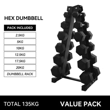2.5kg to 20kg Hex Dumbbell & Storage Rack Bundle (6 pairs - 135kg)