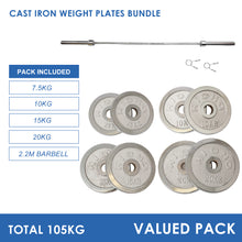 Load image into Gallery viewer, 105kg Cast Iron Weight Plates &amp; Barbell Bundle (2.2m bar) - Oli Joy Sports 
