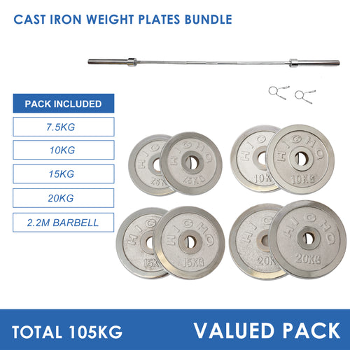 105kg Cast Iron Weight Plates & Barbell Bundle (2.2m bar) - Oli Joy Sports 