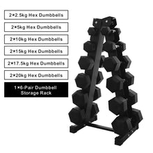Load image into Gallery viewer, 2.5kg to 20kg Hex Dumbbell &amp; Storage Rack &amp; Bench Bundle (6 pairs - 140kg)
