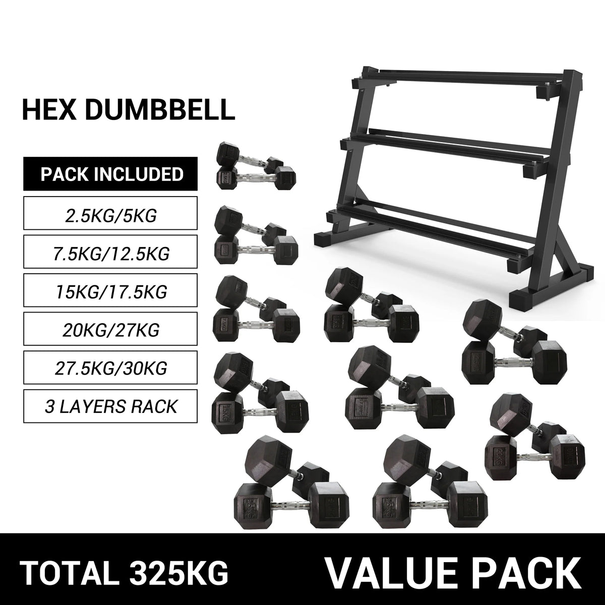 2.5kg to 30kg Hex Dumbbell & Premium Quality Storage Rack Bundle (10 pairs -325kg)