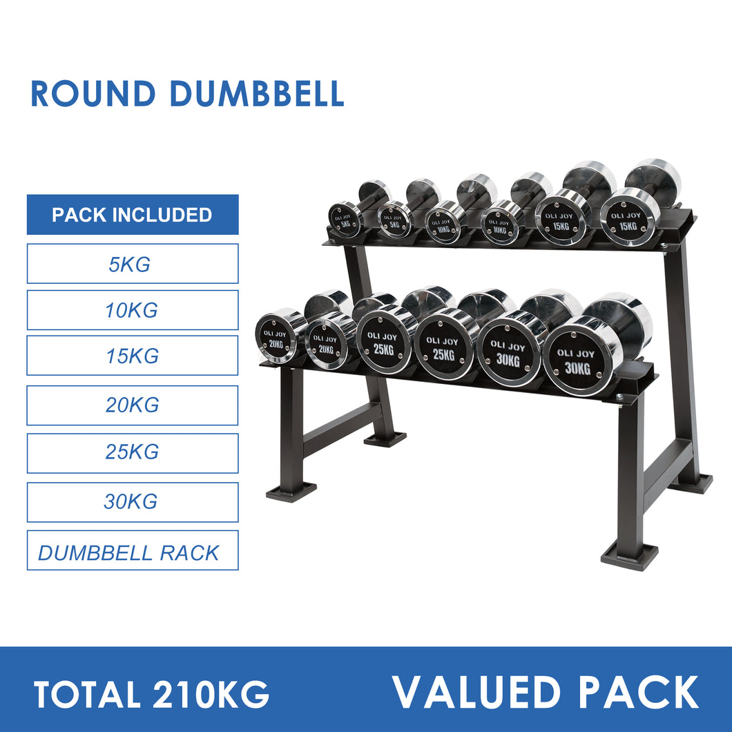 5kg to 30kg Chrome Round Dumbbell & Storage Rack (6 pairs - 210kg)