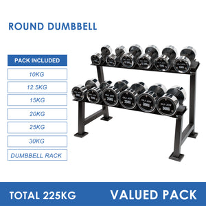 10kg to 30kg Chrome Round Dumbbell & Storage Rack (6 pairs - 225kg)