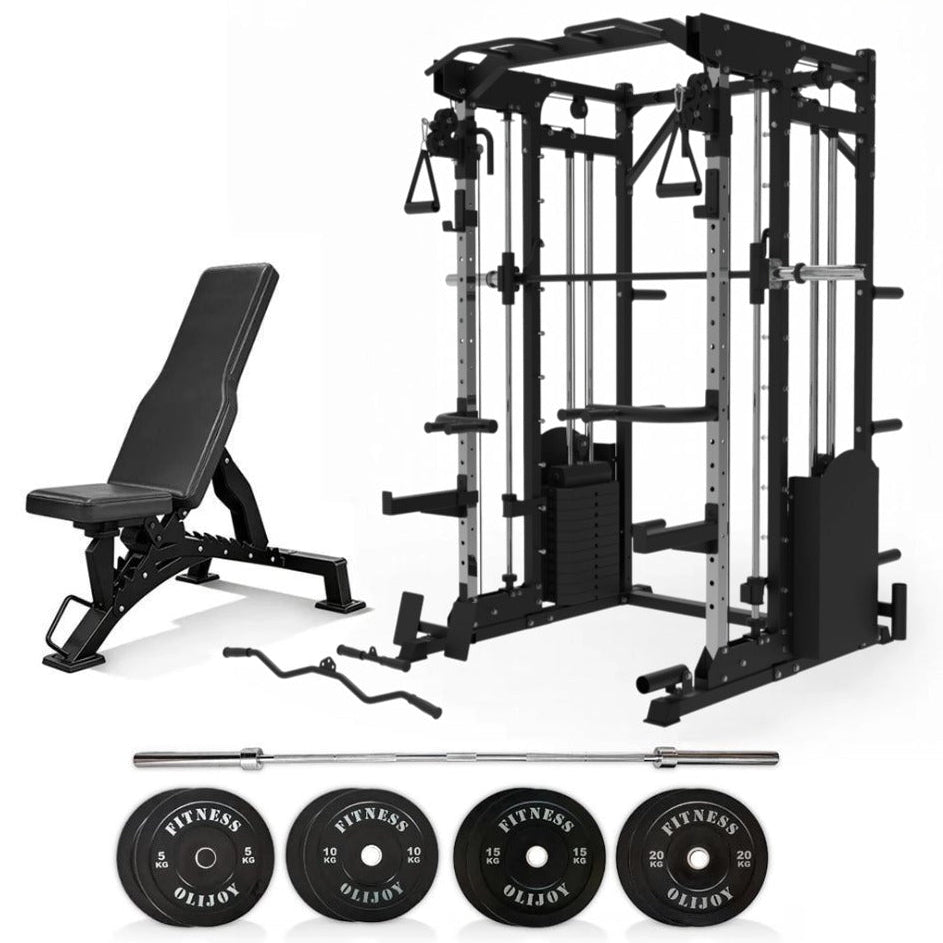Oli Joy 10-in-1 Smith Machine Power Rack with Smith Machine,300LB Stack, 100KG Bumper Plates & Bench Bundle