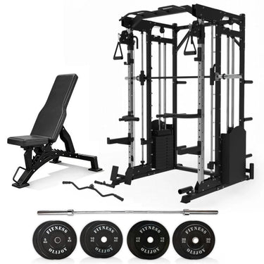 Oli Joy 10-in-1 Smith Machine Power Rack with Smith Machine,300LB Stack, 100KG Bumper Plates & Bench Bundle
