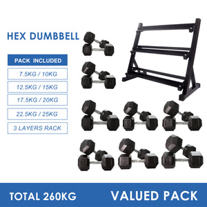 7.5kg to 25kg Hex Dumbbell & Storage Rack Bundle (8 pairs -260kg)