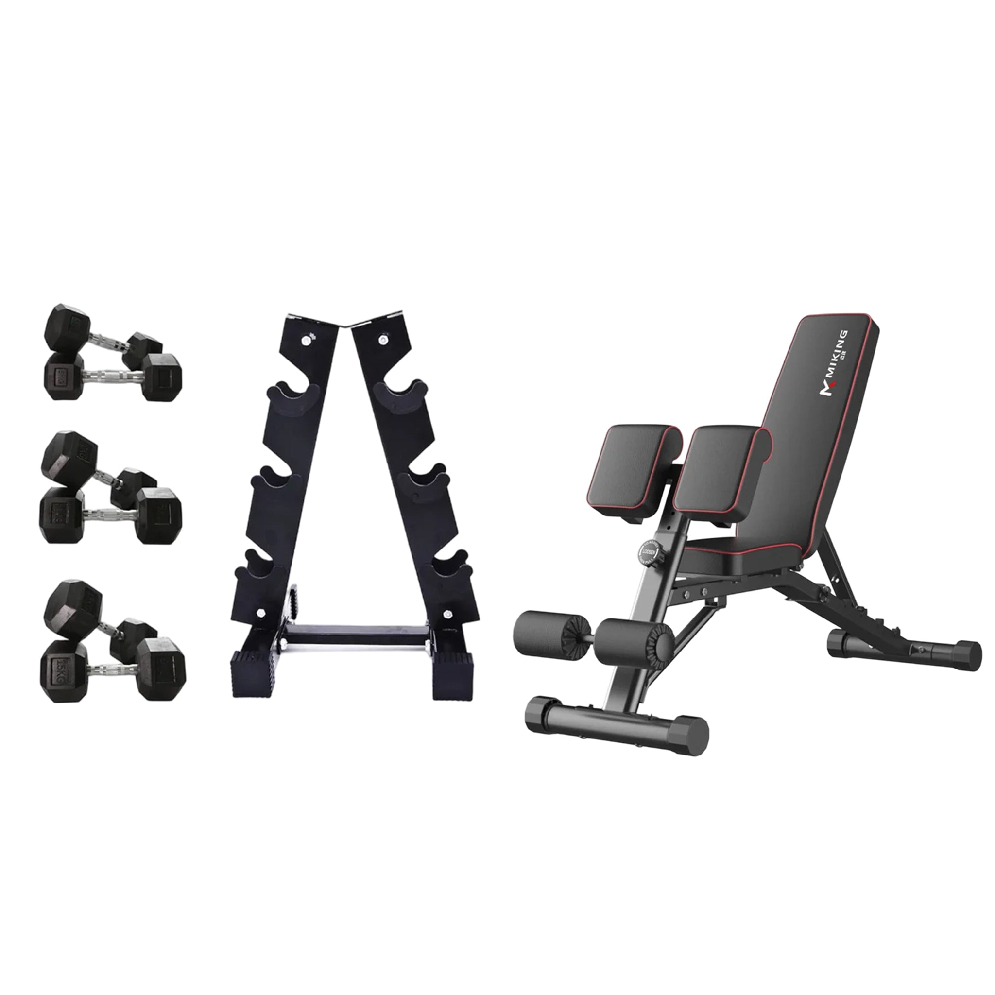 5kg to 15kg (3 pairs - 60kg) Hex Dumbbell & Storage Rack & Adjustable Bench Bundle