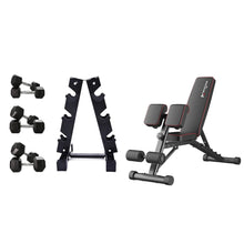 Load image into Gallery viewer, 5kg to 15kg (3 pairs - 60kg) Hex Dumbbell &amp; Storage Rack &amp; Adjustable Bench Bundle
