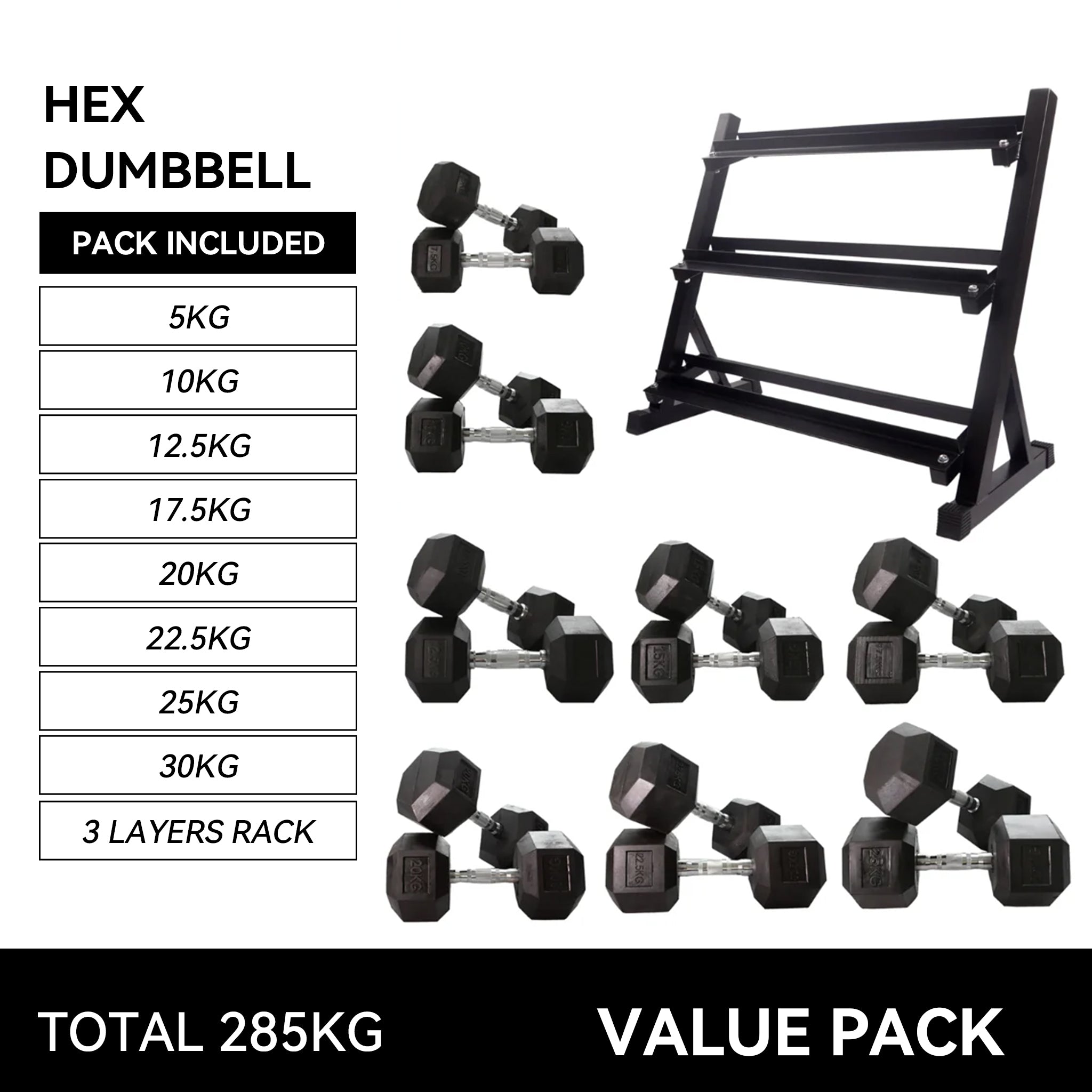 5kg to 30kg Hex Dumbbell & Storage Rack Bundle (8 pairs -285kg)