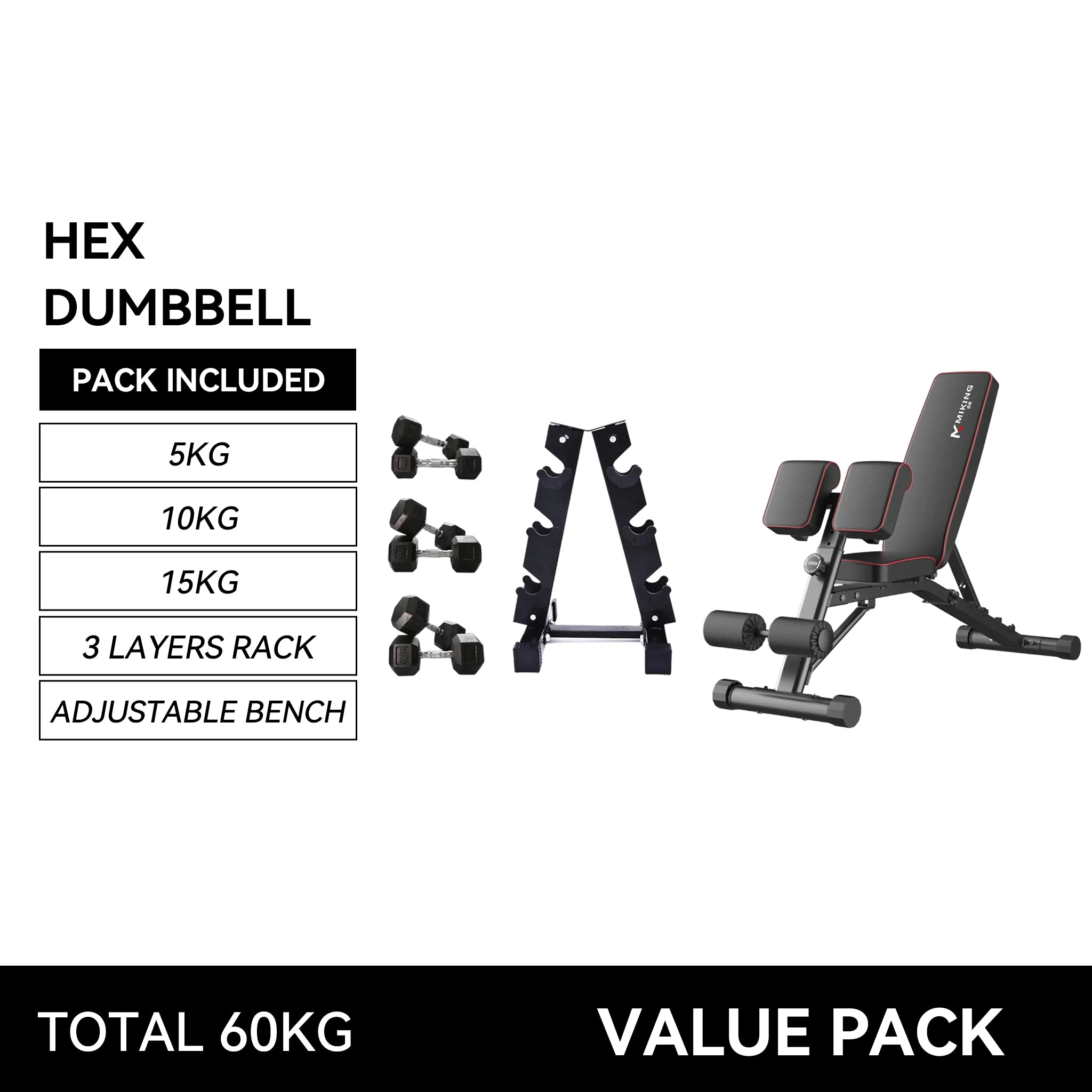 5kg to 15kg (3 pairs - 60kg) Hex Dumbbell & Storage Rack & Adjustable Bench Bundle