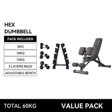 Load image into Gallery viewer, 5kg to 15kg (3 pairs - 60kg) Hex Dumbbell &amp; Storage Rack &amp; Adjustable Bench Bundle
