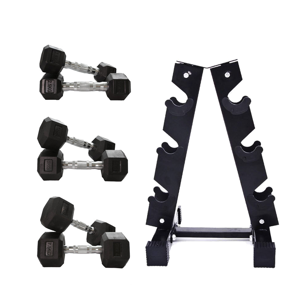 2.5kg to 7.5kg Hex Dumbbell & Storage Rack Bundle (3 pairs - 30kg) - Oli Joy Sports 