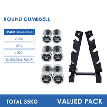 Load image into Gallery viewer, 2.5kg to 10kg Chrome Round Dumbbell &amp; Storage Rack Bundle (3 pairs - 35kg) - Oli Joy Sports 
