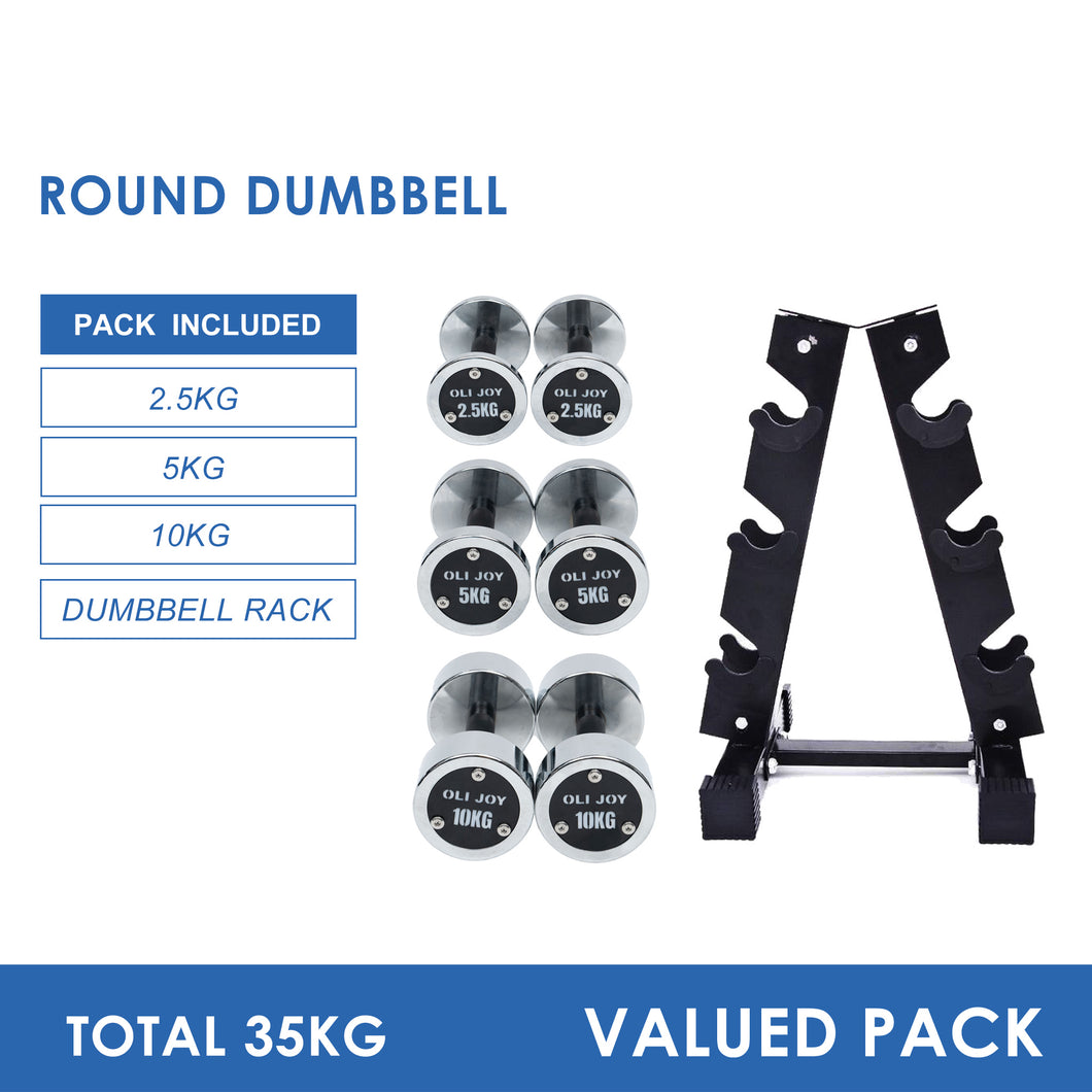 2.5kg to 10kg Chrome Round Dumbbell & Storage Rack Bundle (3 pairs - 35kg) - Oli Joy Sports 