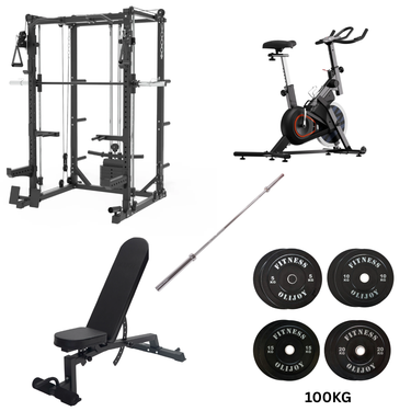 Oli Joy 5383 Total Home Gym Bundle – Smith Machine with 100 kg Plates, Adjustable Bench & Magnetic Bike