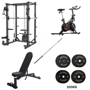 Oli Joy 5383 Total Home Gym Bundle – Smith Machine with 100 kg Olympic Plates, Barbell, Adjustable Bench &amp; Magnetic Resistance Exercise Bike