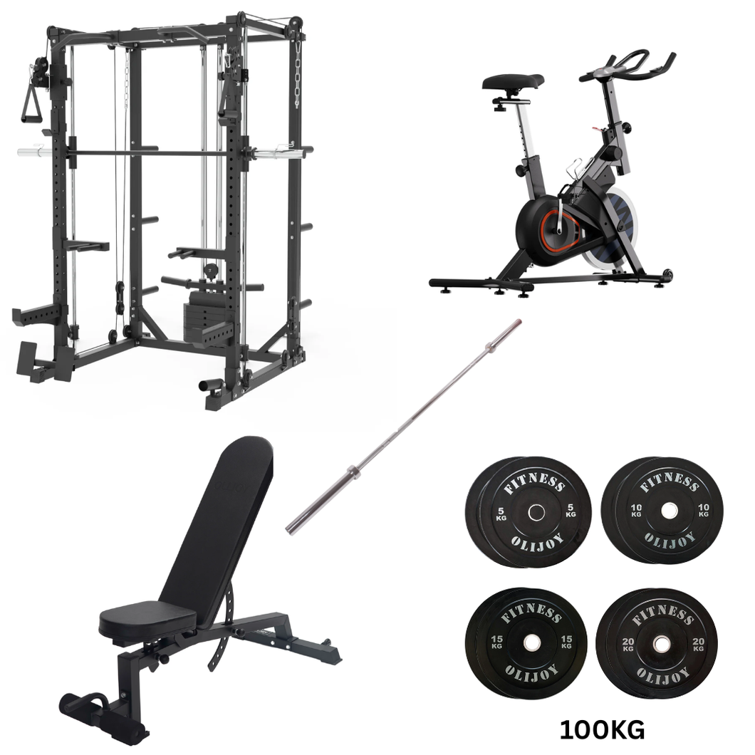 Oli Joy 5383 Total Home Gym Bundle – Smith Machine with 100 kg Olympic Plates, Barbell, Adjustable Bench & Magnetic Resistance Exercise Bike