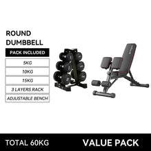 Load image into Gallery viewer, Preorder Round Dumbbell Set 2.5kg–15kg (6 Pairs – 105kg) + Storage Rack + Multifunctional Adjustable Weight Abdominal &amp; Sit-Up Bench + Back Training Preacher Curl Attachment

