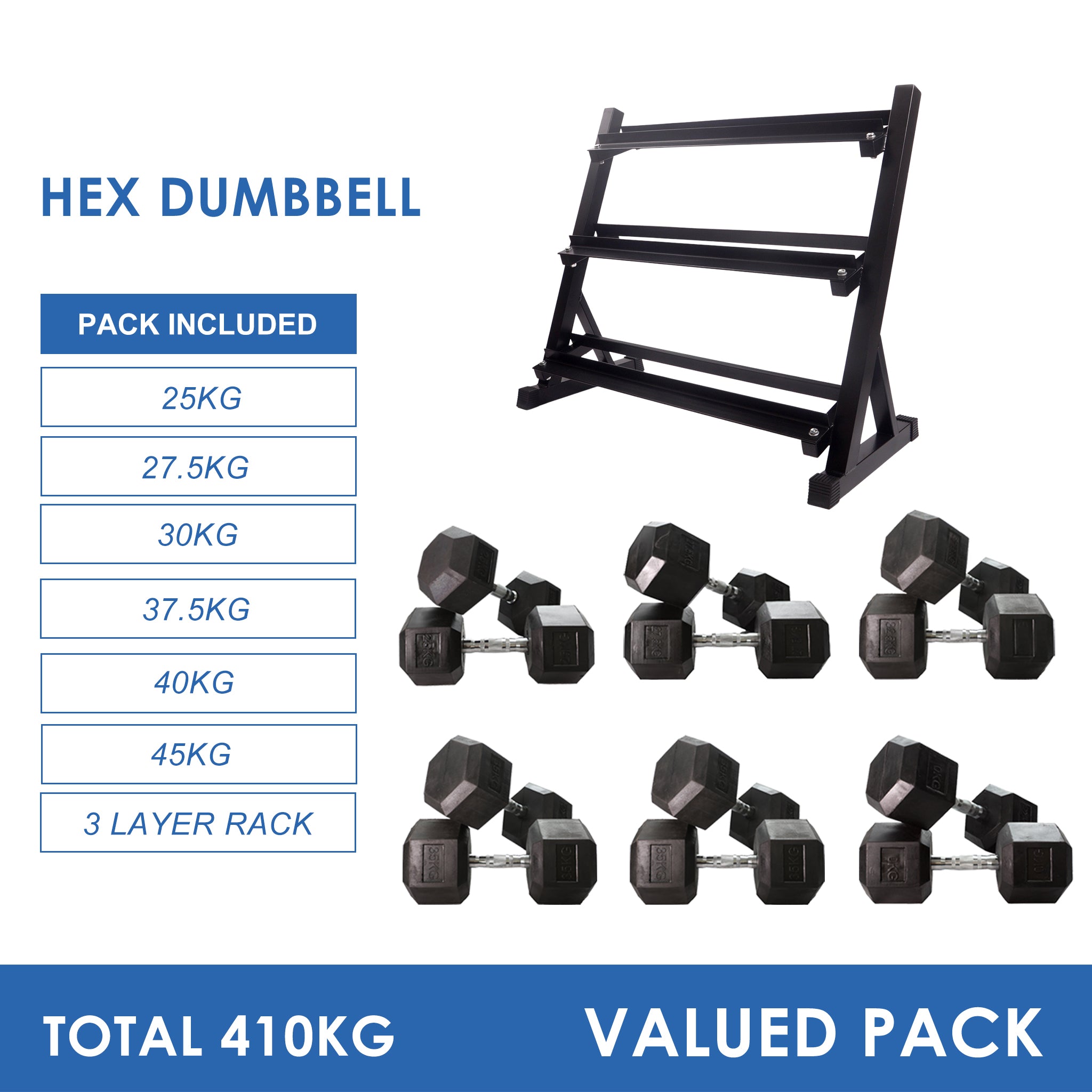 25kg to 45kg Hex Dumbbell & Storage Rack Bundle (6 pairs -410kg) - Oli Joy Sports 